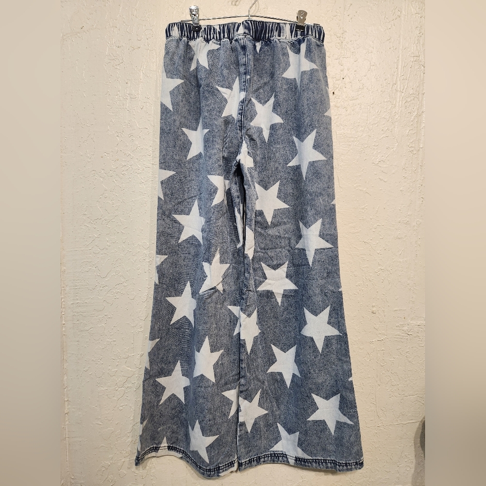 Light Blue Star Print Light Wash Drawstring High Waist Wide Leg Jeans - Picture 10 of 11